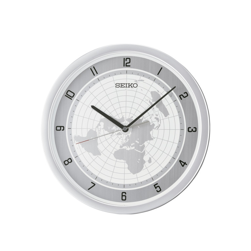 Reloj Seiko redondo plateado de pared mapa del mundo en esfera