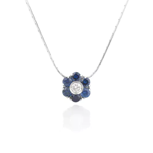 Joya collar colgante oro blanco zafiros y diamante