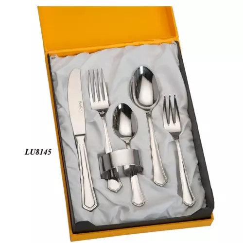 Set 5 cubiertos cuchara cuchillo tenedor cucharilla café acero servilletero LU8145