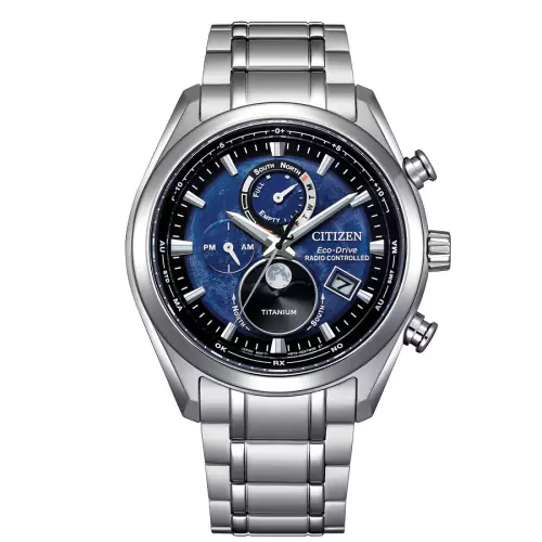 Citizen BY1010-81L reloj azul radiocontrolado fase lunar titanio hombre 