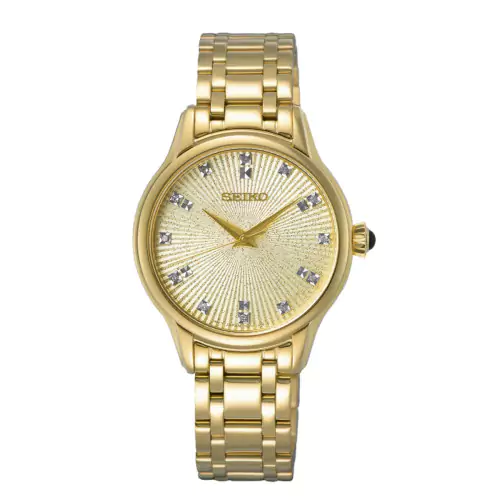 Reloj Seiko SRZ552P1 redondo dorado diamantes mujer