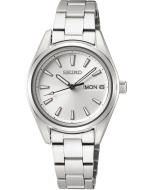 Reloj Seiko sur349p1 para mujer con caja y brazalete de acero, esfera en blanco, índices y agujas luminiscentes doble calendario, zafiro, movimiento japones