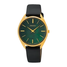 swr080p1 Seiko mujer reloj acero dorado piel