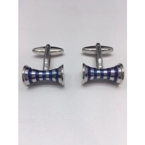 Gemelos con forma rodinados con cinco rayas centrales esmalte azul colección de joyas fashion, medida 20 milímetros con cierre rígido articulado