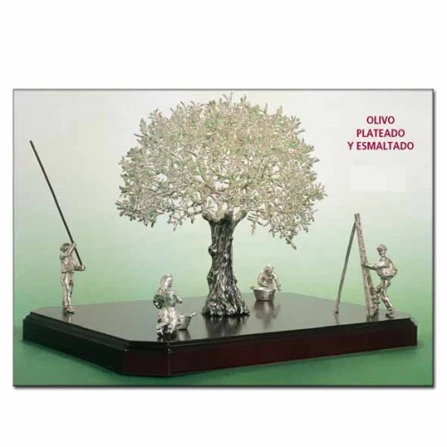 Olivo árbol plateado con aceituneras y vareador decoración 35x35